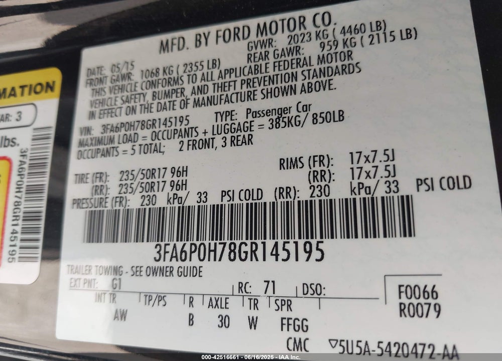 2016 FORD FUSION SE VIN: 3FA6P0H78GR145195