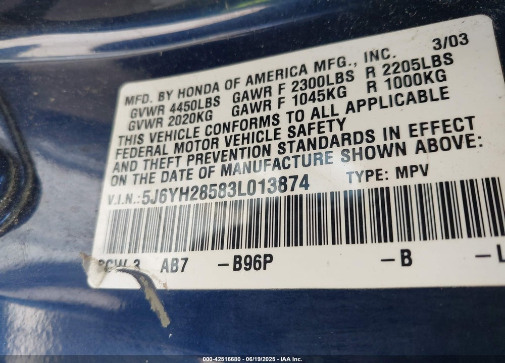 2003 HONDA ELEMENT EX VIN: 5J6YH28583L013874