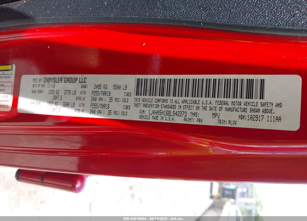 2011 JEEP WRANGLER UNLIMITED VIN: 1J4HA5H16BL542273