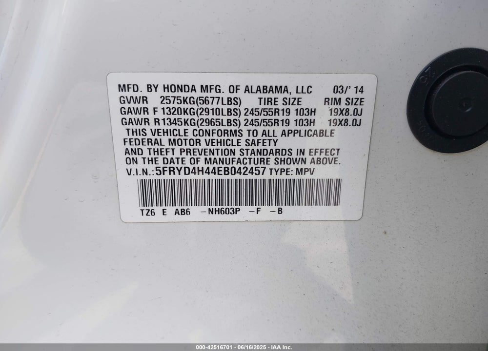 2014 ACURA MDX VIN: 5FRYD4H44EB042457