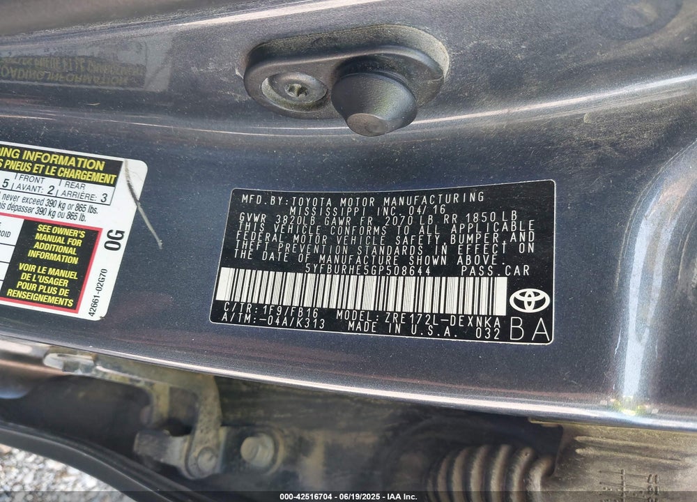 2016 TOYOTA COROLLA LE VIN: 5YFBURHE5GP508644