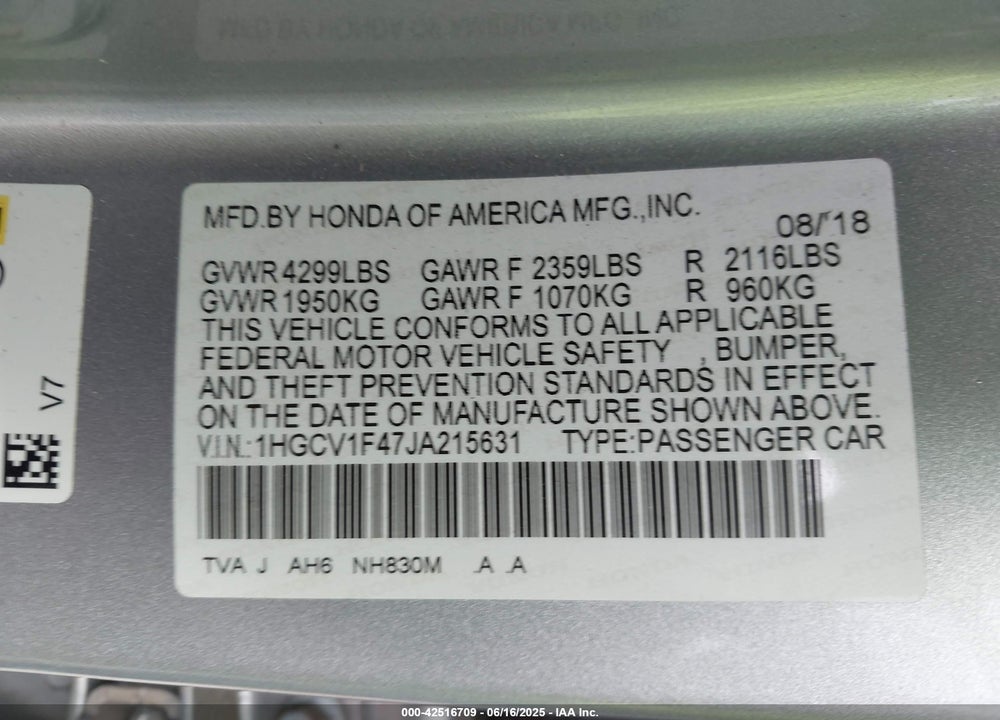 2018 HONDA ACCORD VIN: 1HGCV1F47JA215631
