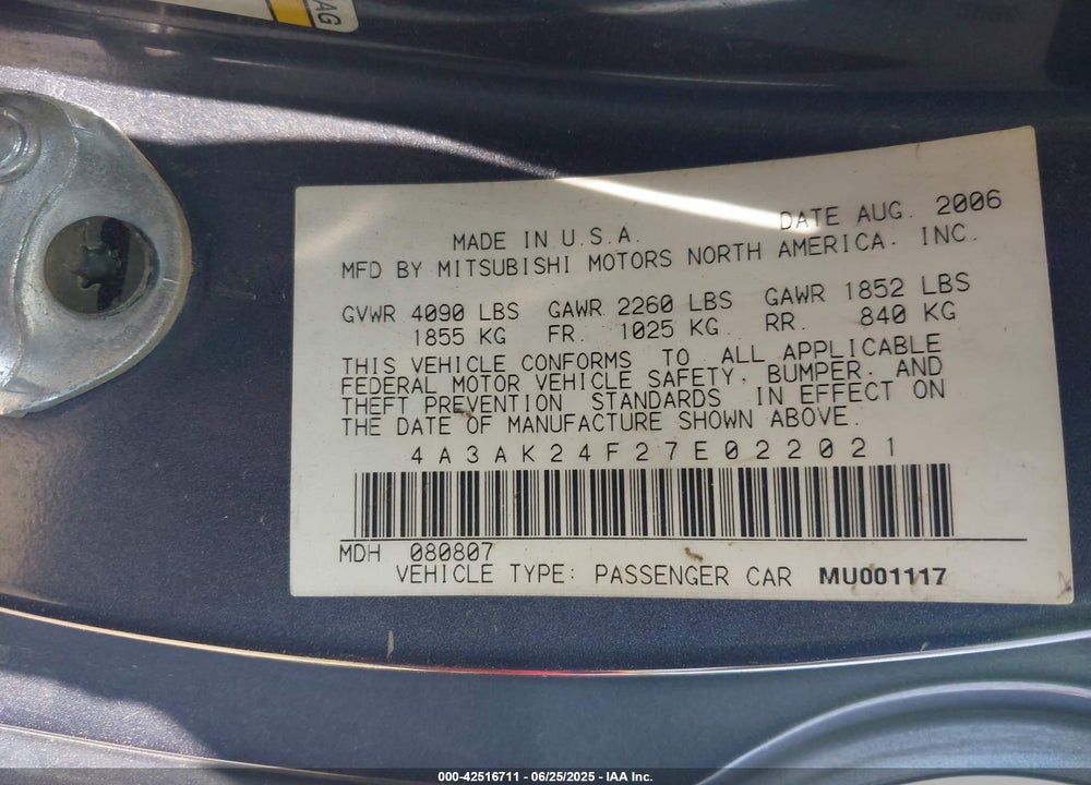 2007 MITSUBISHI ECLIPSE VIN: 4A3AK24F27E022021