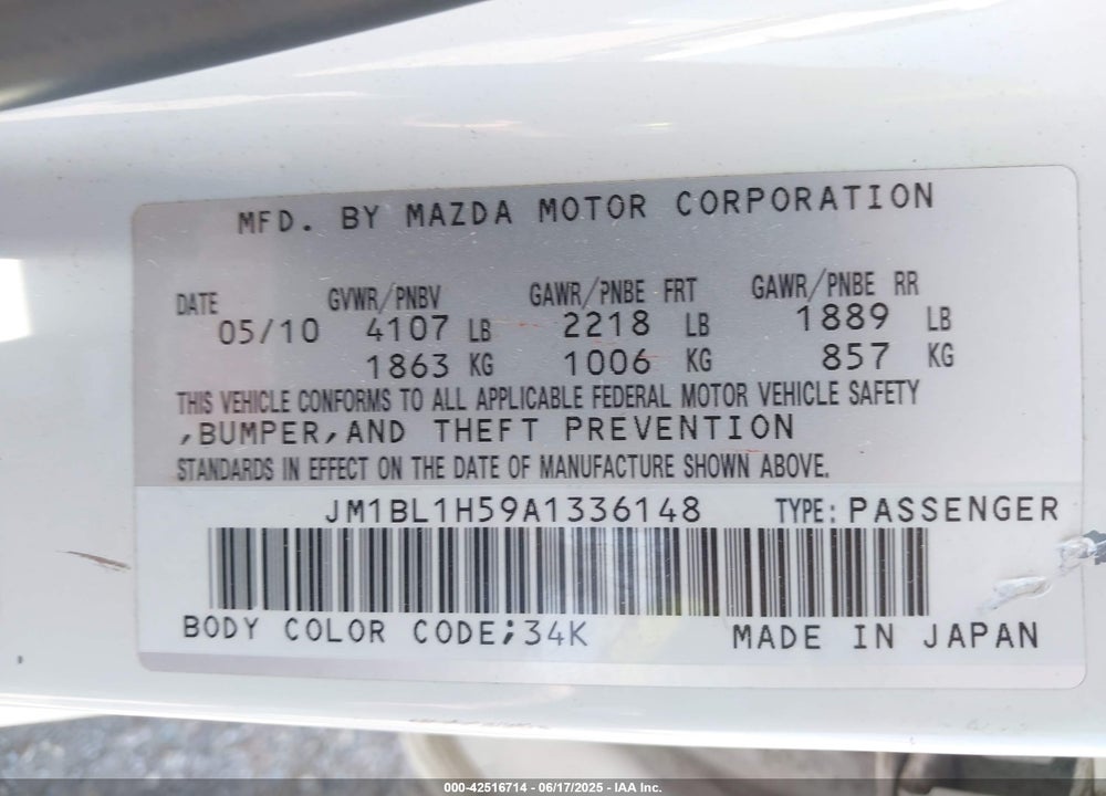 2010 MAZDA 3 VIN: JM1BL1H59A1336148
