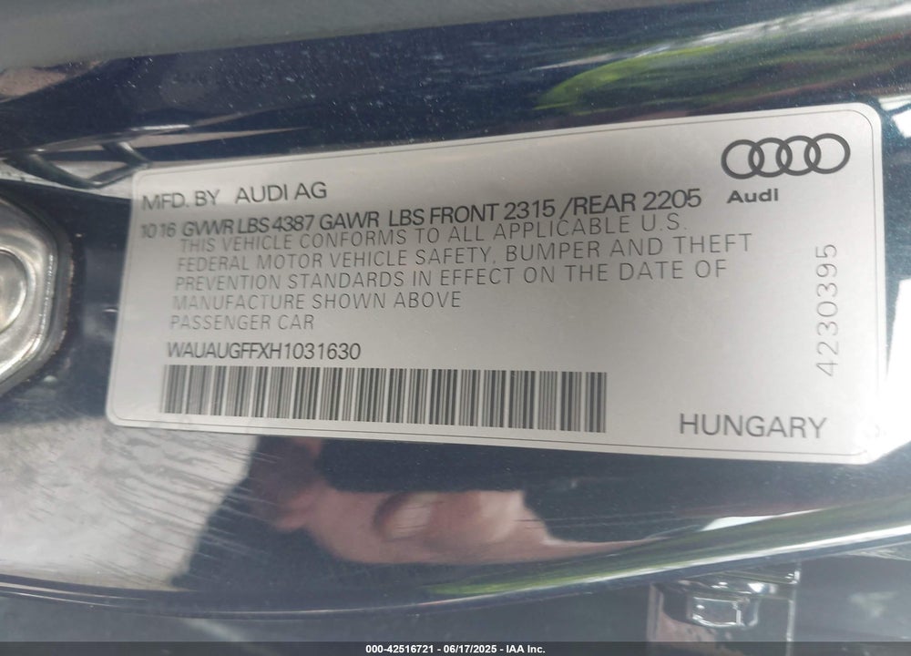 2017 AUDI A3 2.0T PREMIUM VIN: WAUAUGFFXH1031630