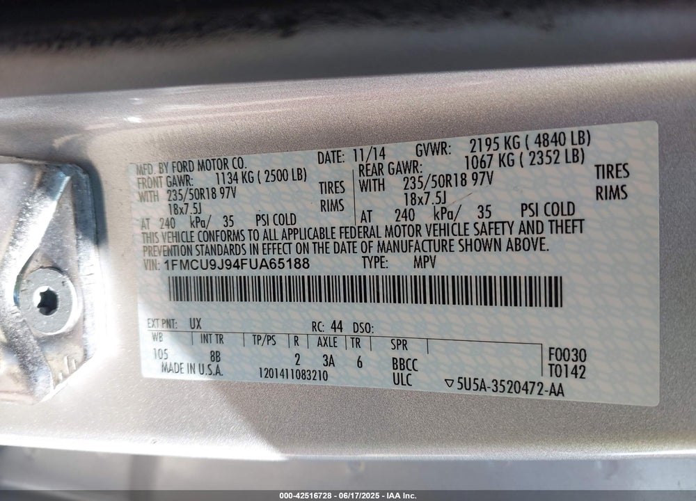 2015 FORD ESCAPE VIN: 1FMCU9J94FUA65188