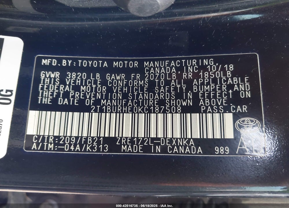 2019 TOYOTA COROLLA VIN: 2T1BURHE0KC187508