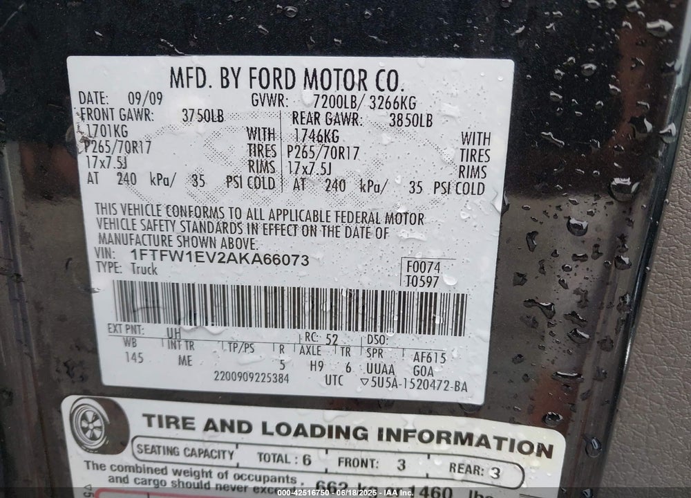 2010 HARLEY-DAVIDSON FORD F-150 FX4//KING RANCH/LARIAT/PLATINUM/XL/XLT VIN: 1FTFW1EV2AKA66073