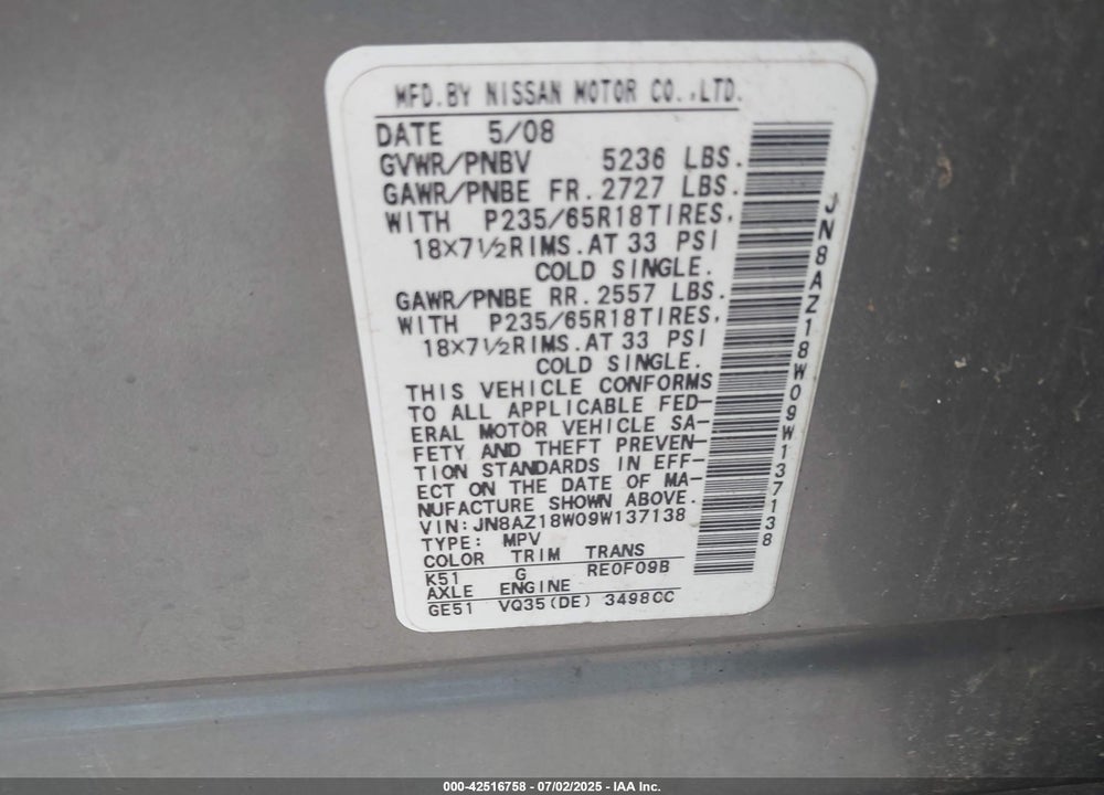 2009 NISSAN MURANO VIN: JN8AZ18W09W137138