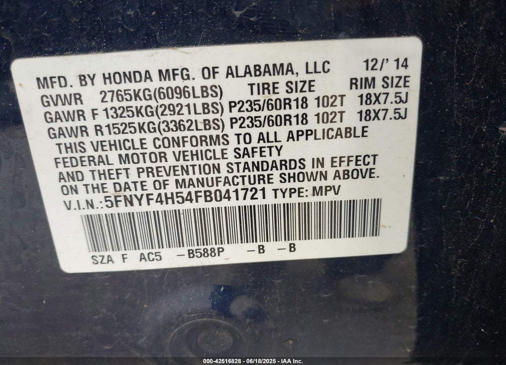 2015 HONDA PILOT EX-L VIN: 5FNYF4H54FB041721