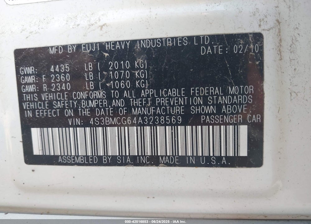 2010 SUBARU LEGACY VIN: 4S3BMCG64A3238569