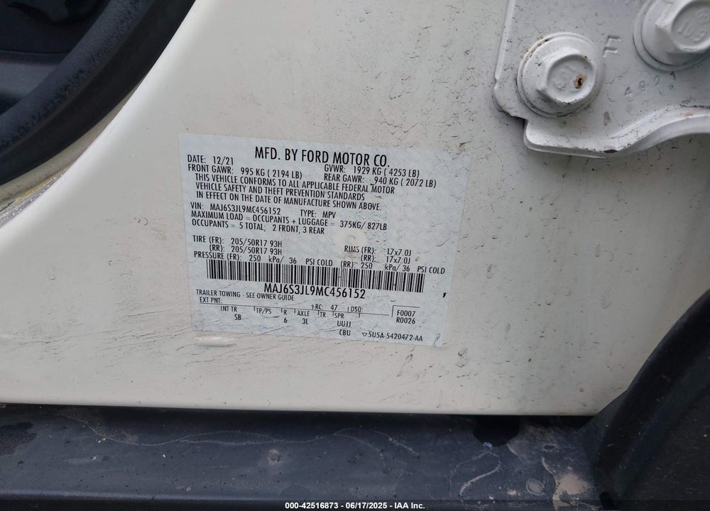 2021 FORD ECOSPORT SES VIN: MAJ6S3JL9MC456152