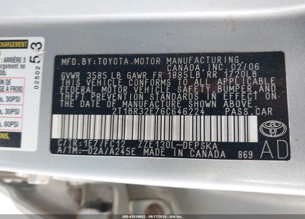 2006 TOYOTA COROLLA S VIN: 2T1BR32E76C646224