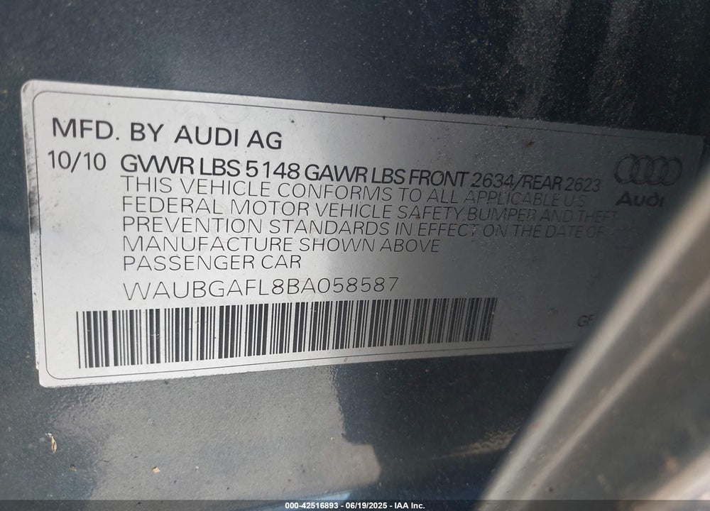 2011 AUDI S4 VIN: WAUBGAFL8BA058587
