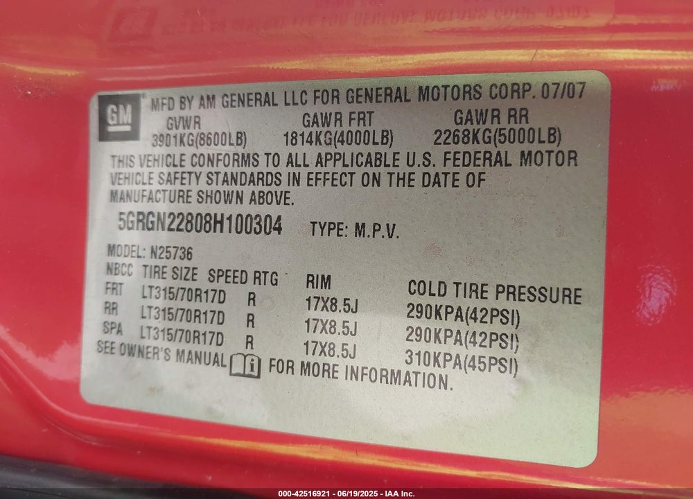 2008 HUMMER H2 SUT VIN: 5GRGN22808H100304