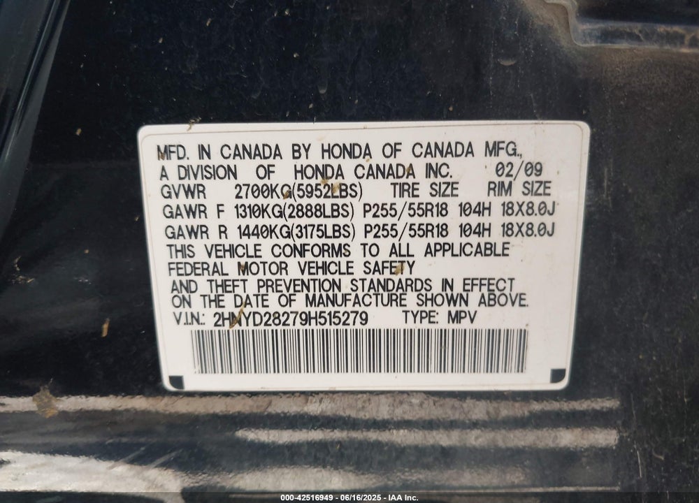 2009 ACURA MDX VIN: 2HNYD28279H515279