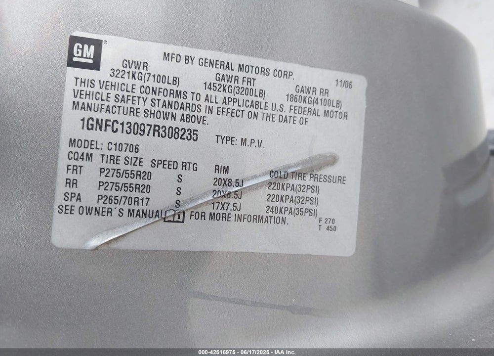 2007 CHEVROLET TAHOE VIN: 1GNFC13097R308235