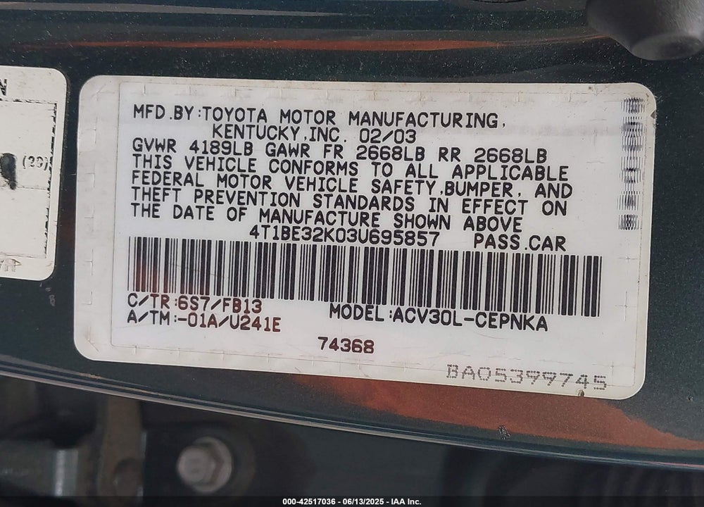 2003 TOYOTA CAMRY LE VIN: 4T1BE32K03U695857