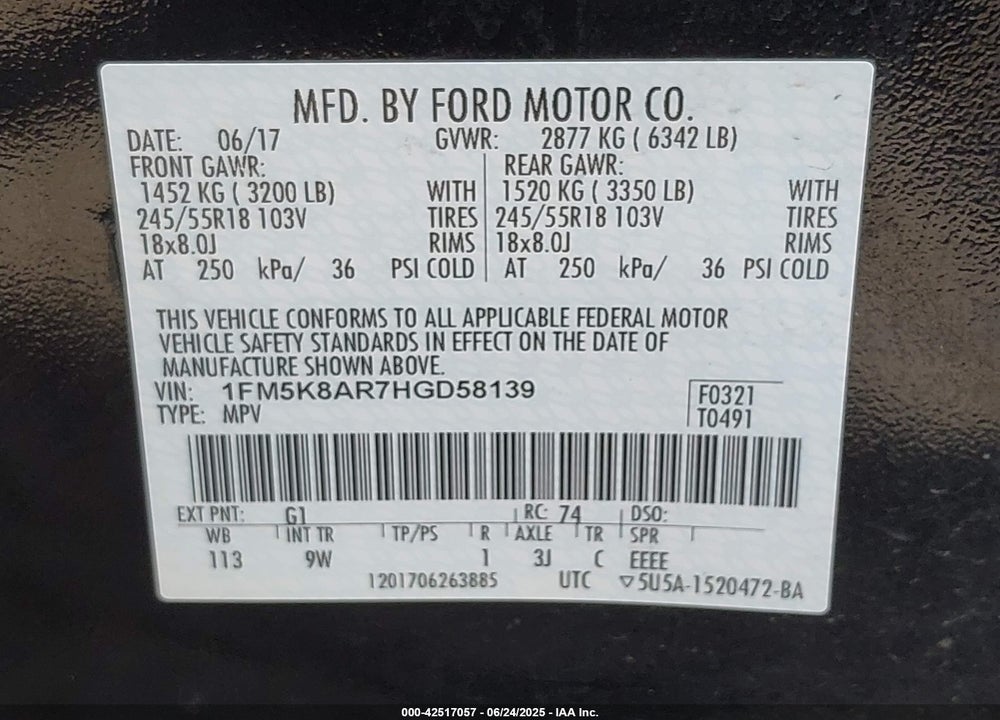 2017 FORD POLICE INTERCEPTOR VIN: 1FM5K8AR7HGD58139