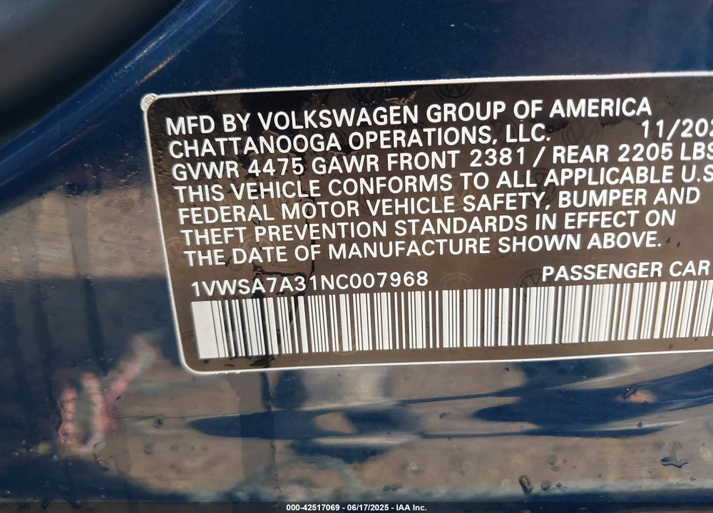 2022 VOLKSWAGEN PASSAT VIN: 1VWSA7A31NC007968