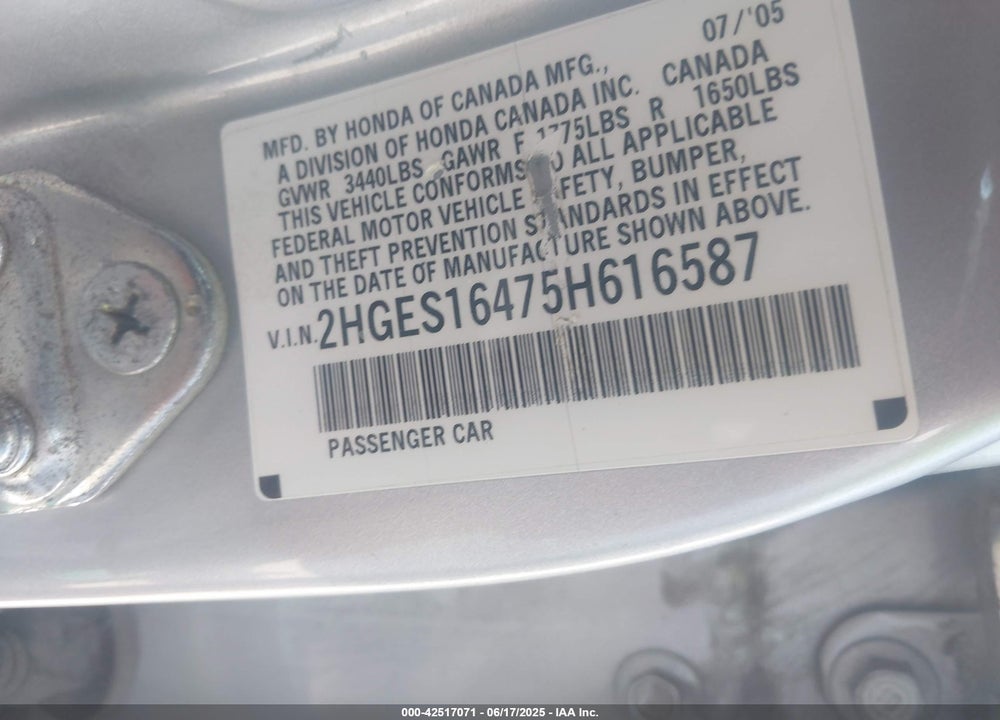 2005 HONDA CIVIC VP VIN: 2HGES16475H616587