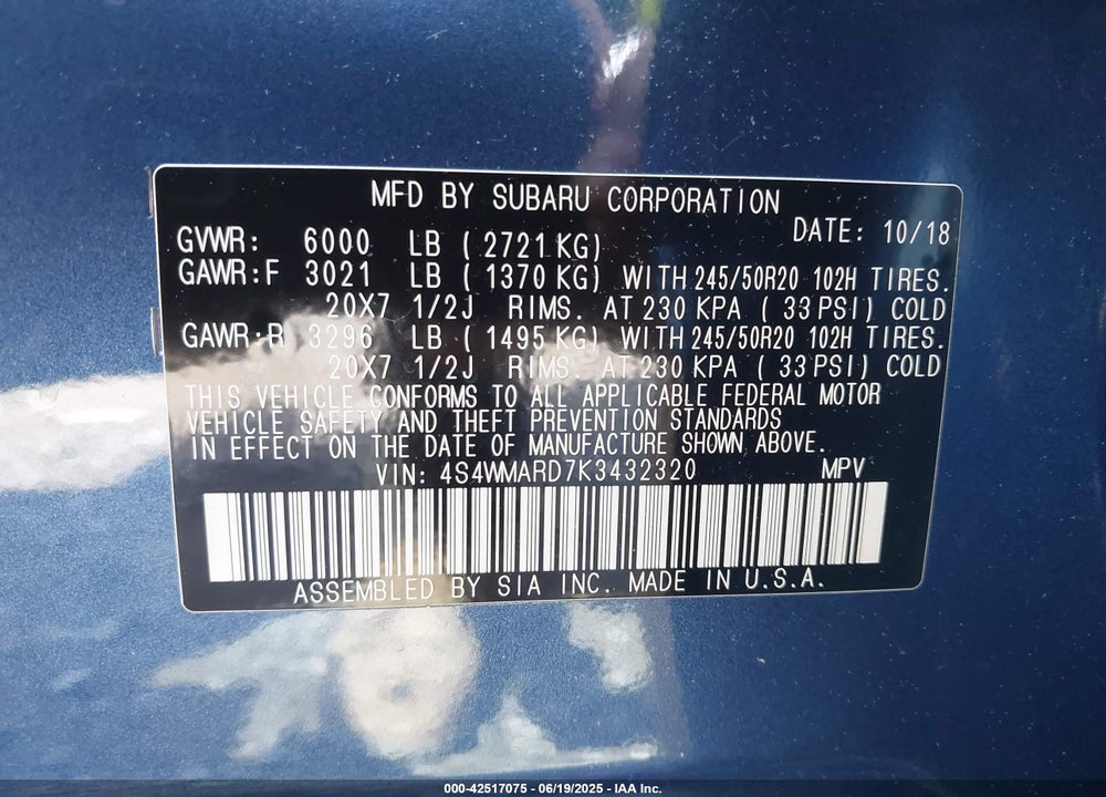 2019 SUBARU ASCENT VIN: 4S4WMARD7K3432320