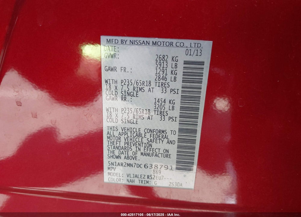 2013 NISSAN PATHFINDER VIN: 5N1AR2MN7DC638791
