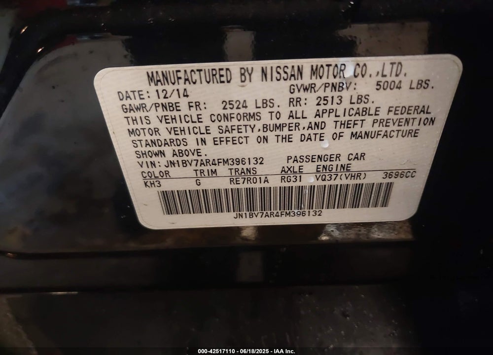 2015 INFINITI Q50 SPORT VIN: JN1BV7AR4FM396132
