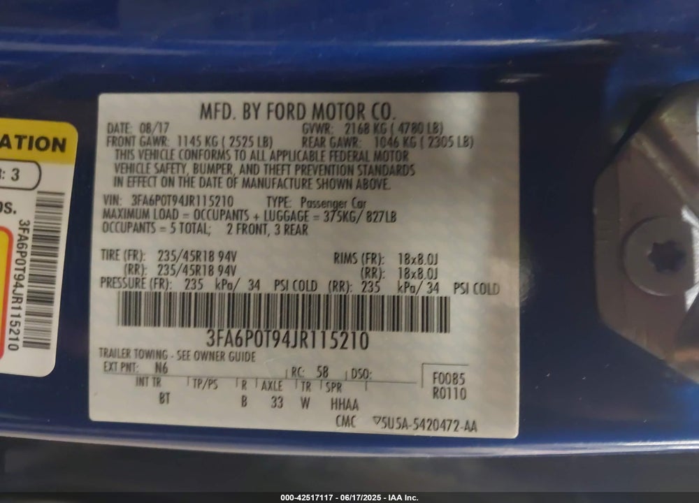 2018 FORD FUSION VIN: 3FA6P0T94JR115210