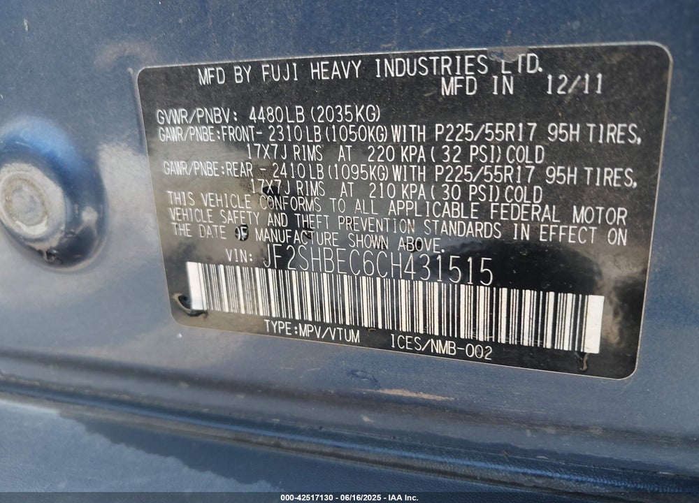 2012 SUBARU FORESTER VIN: JF2SHBEC6CH431515