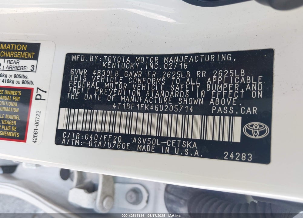 2016 TOYOTA CAMRY VIN: 4T1BF1FK4GU205714