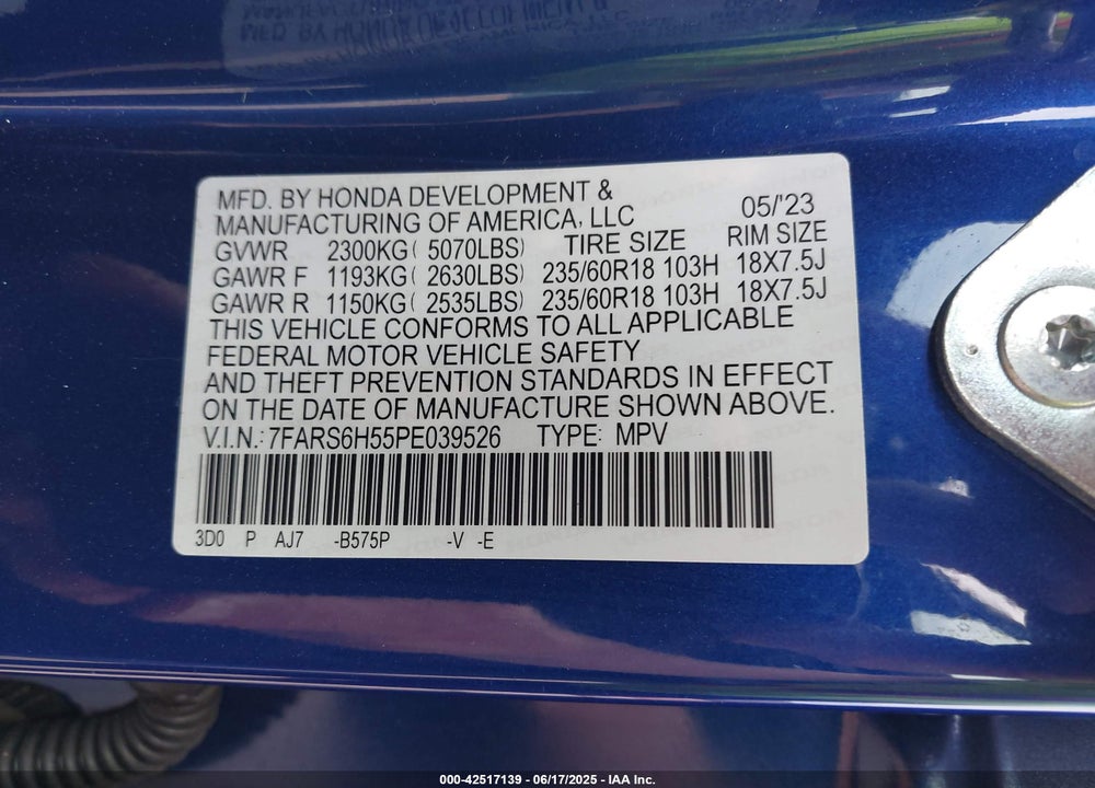 2023 HONDA CR-V HYBRID SPORT VIN: 7FARS6H55PE039526