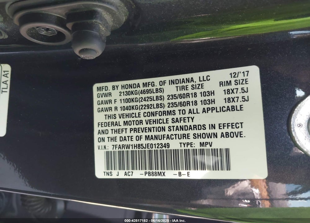 2018 HONDA CR-V VIN: 7FARW1H85JE012349