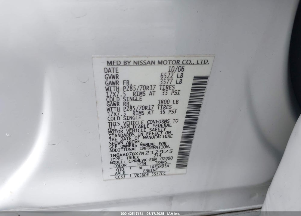 2007 NISSAN TITAN LE VIN: 1N6AA07BX7N212925