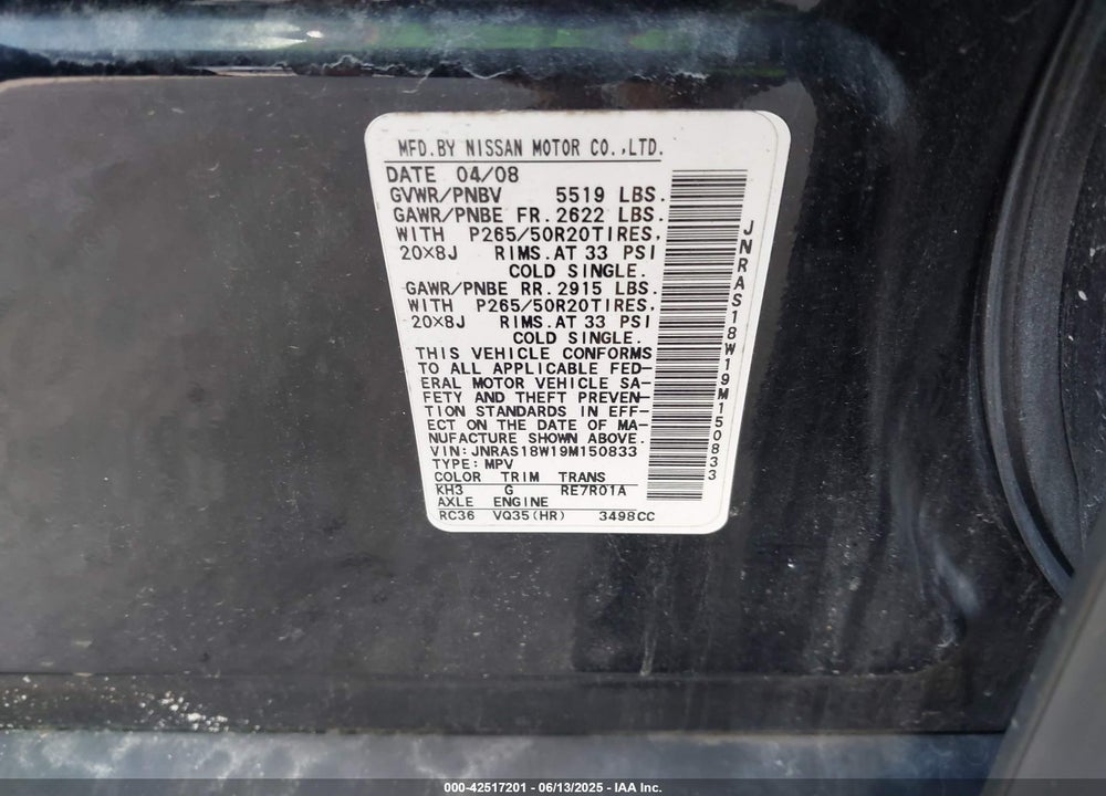 2009 INFINITI FX35 VIN: JNRAS18W19M150833