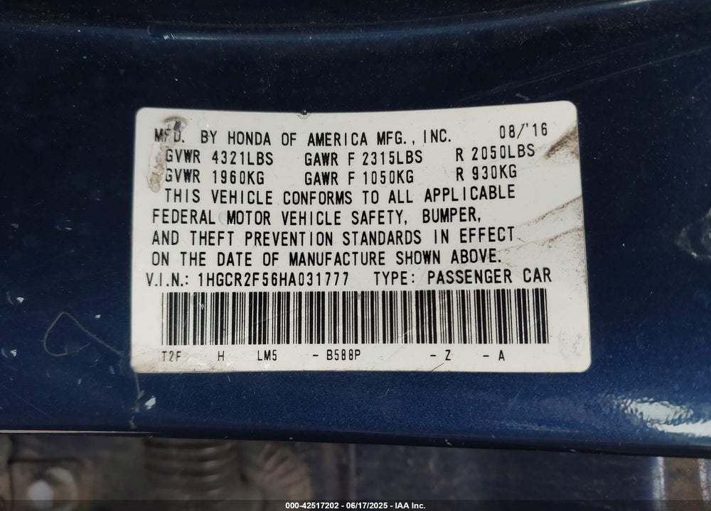 2017 HONDA ACCORD VIN: 1HGCR2F56HA031777