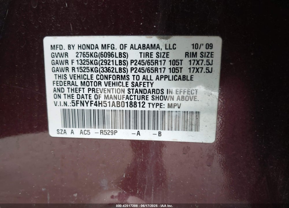 2010 HONDA PILOT VIN: 5FNYF4H51AB018812