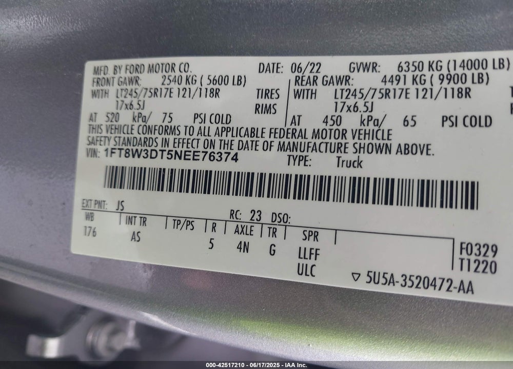 2022 FORD F-350 XL VIN: 1FT8W3DT5NEE76374