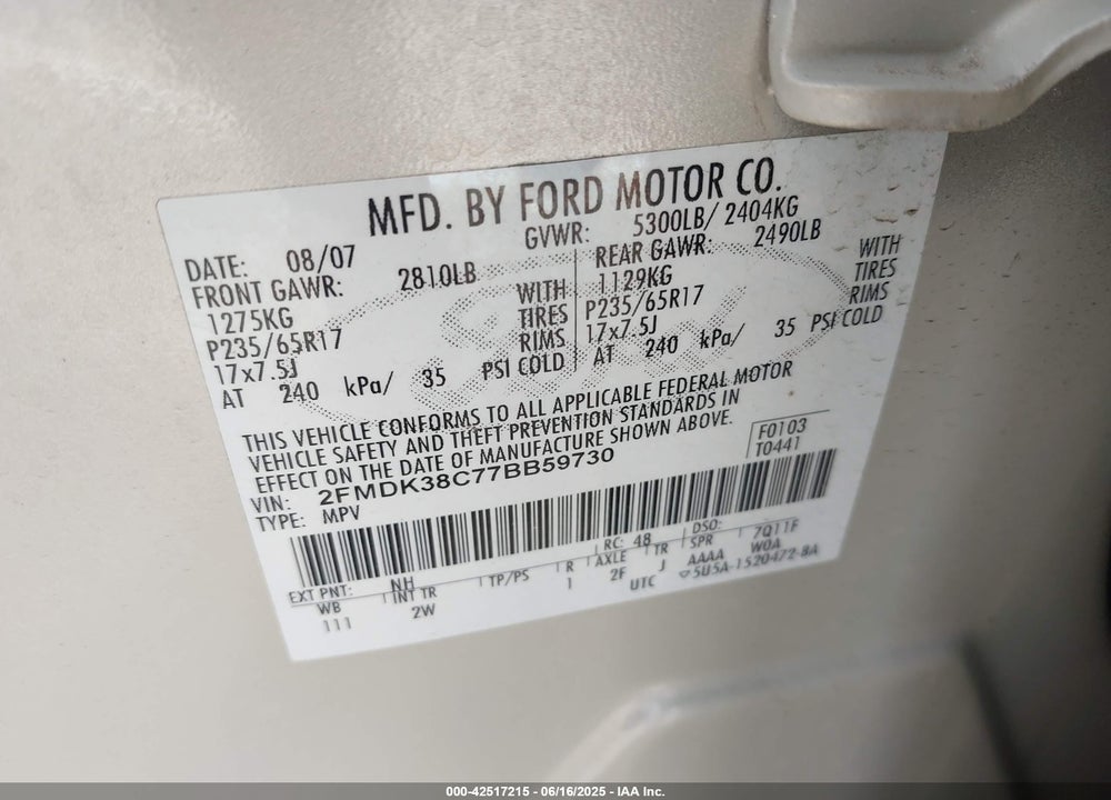 2007 FORD EDGE VIN: 2FMDK38C77BB59730