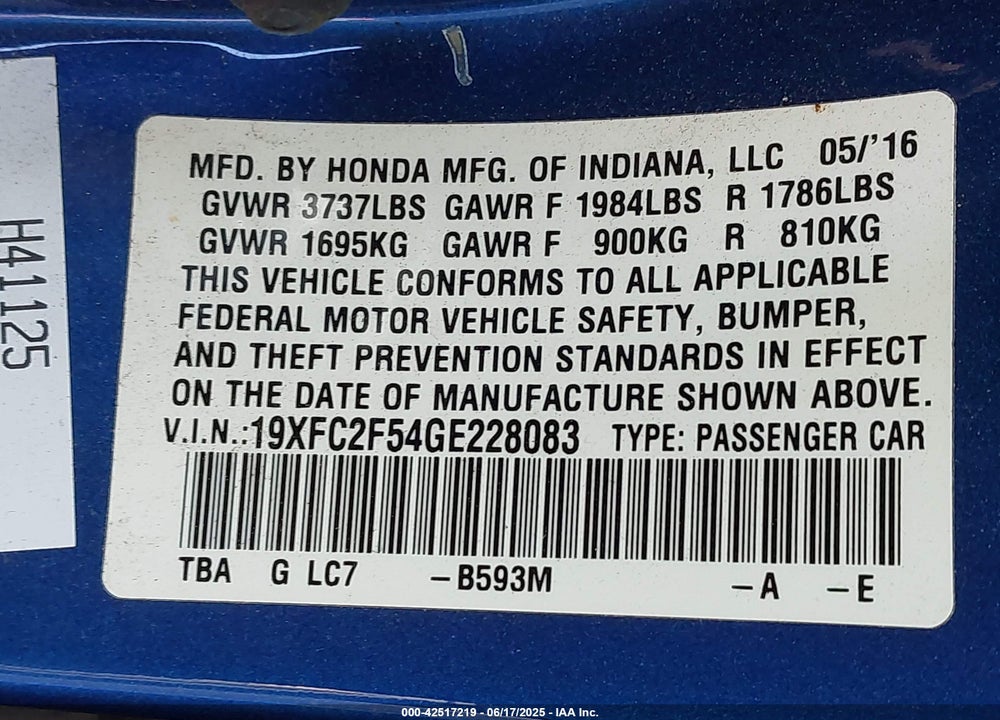 2016 HONDA CIVIC VIN: 19XFC2F54GE228083