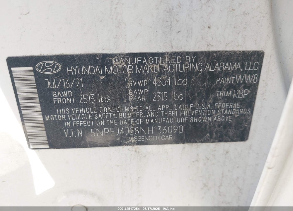 2022 HYUNDAI SONATA VIN: 5NPEJ4J28NH136090