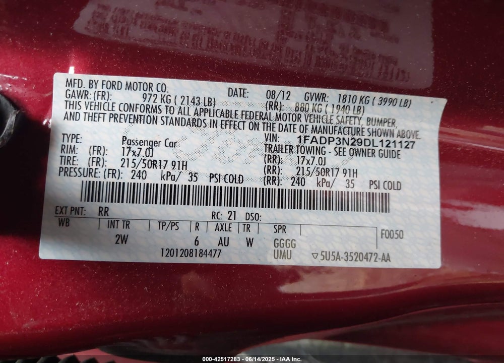 2013 FORD FOCUS TITANIUM VIN: 1FADP3N29DL121127