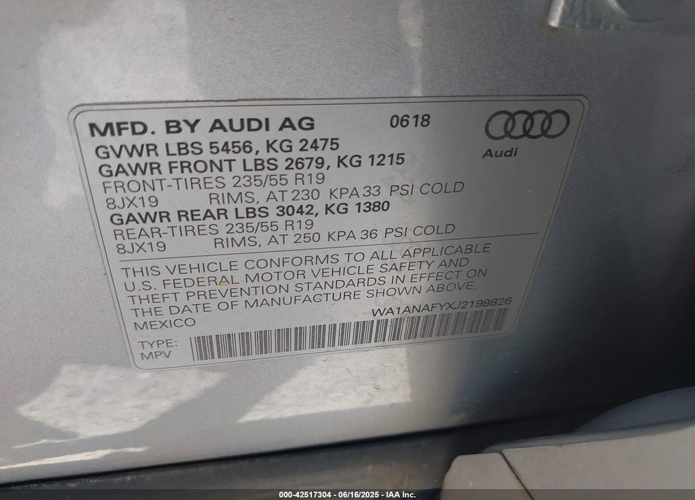 2018 AUDI Q5 VIN: WA1ANAFYXJ2199826