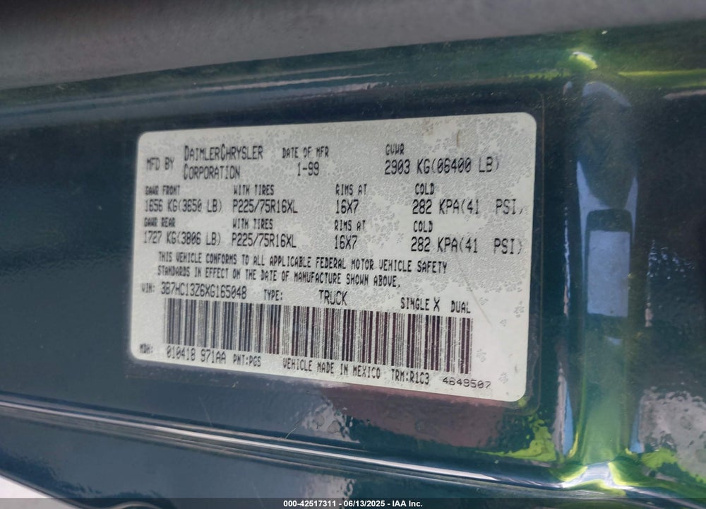 1999 DODGE RAM 1500 ST VIN: 3B7HC13Z6XG165048