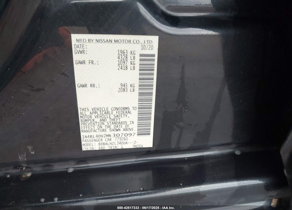 2021 NISSAN ALTIMA VIN: 1N4BL4DV2MN307097
