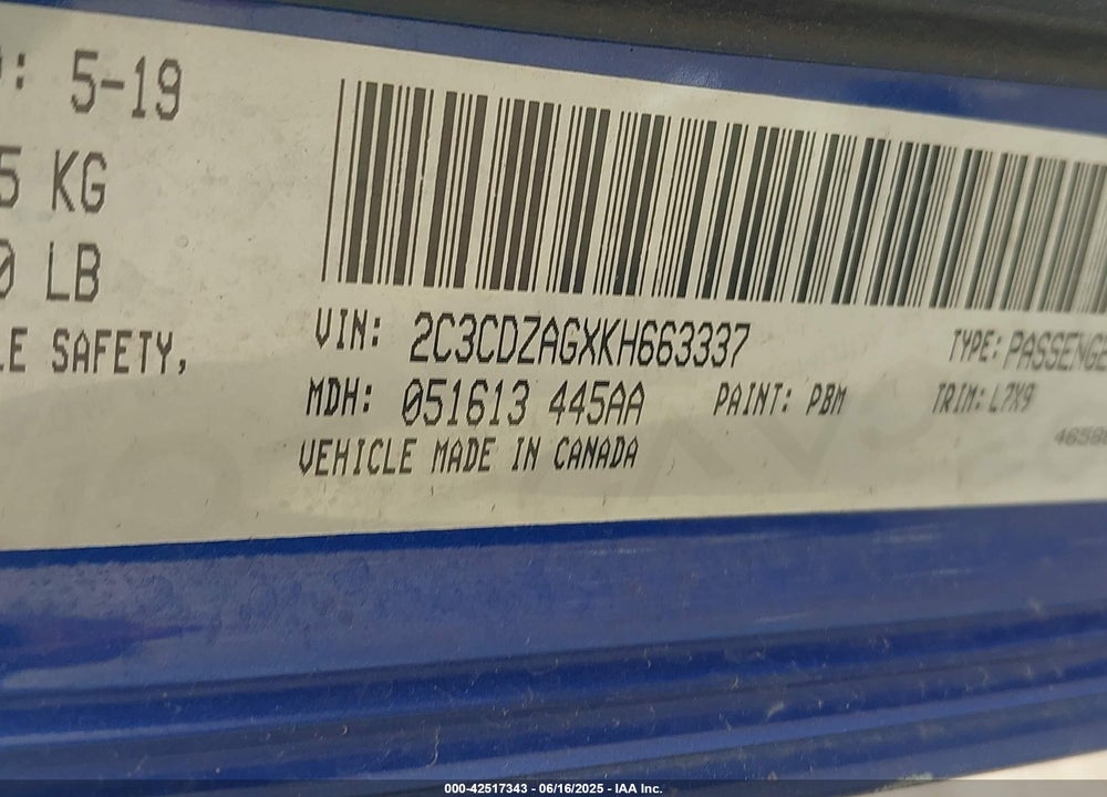 2019 DODGE CHALLENGER VIN: 2C3CDZAGXKH663337
