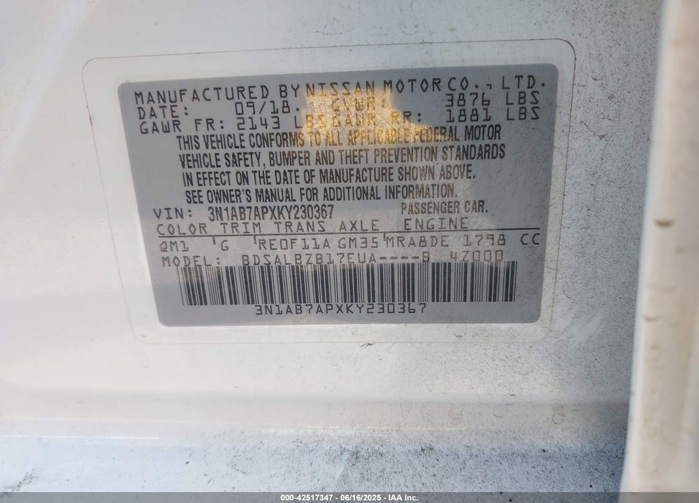 2019 NISSAN SENTRA VIN: 3N1AB7APXKY230367