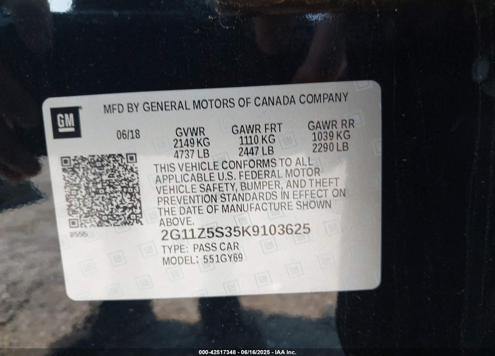 2019 CHEVROLET IMPALA VIN: 2G11Z5S35K9103625