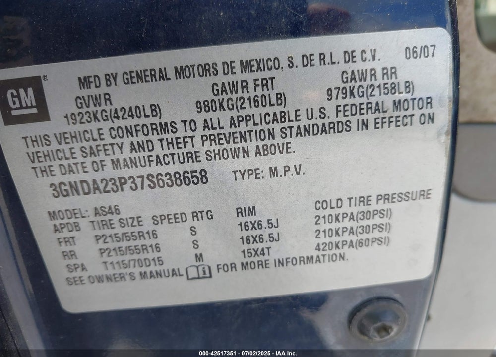 2007 CHEVROLET HHR LT VIN: 3GNDA23P37S638658