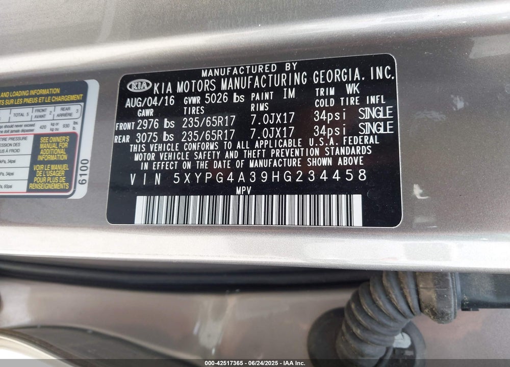 2017 KIA SORENTO VIN: 5XYPG4A39HG234458